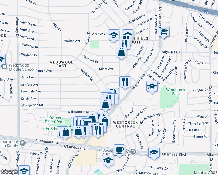 map of restaurants, bars, coffee shops, grocery stores, and more near 3301 Wayland Drive in Fort Worth