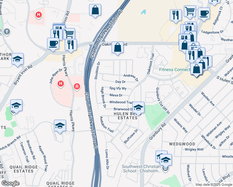 map of restaurants, bars, coffee shops, grocery stores, and more near 6925 Mesa Drive in Fort Worth
