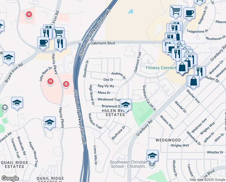 map of restaurants, bars, coffee shops, grocery stores, and more near 6908 Mesa Drive in Fort Worth