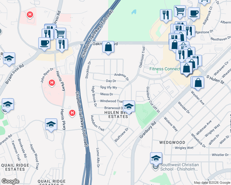 map of restaurants, bars, coffee shops, grocery stores, and more near 6908 Mesa Drive in Fort Worth