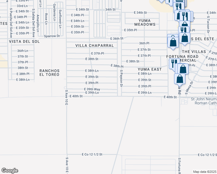 map of restaurants, bars, coffee shops, grocery stores, and more near 10398 East 39th Way in Yuma