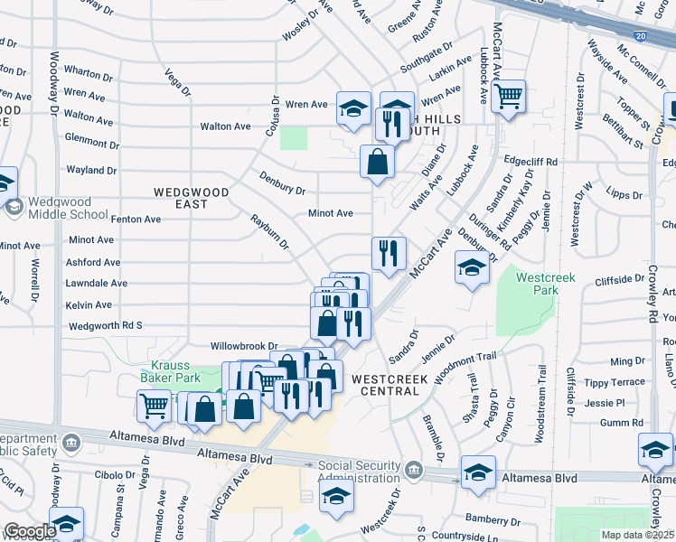 map of restaurants, bars, coffee shops, grocery stores, and more near 3301 Wayland Drive in Fort Worth