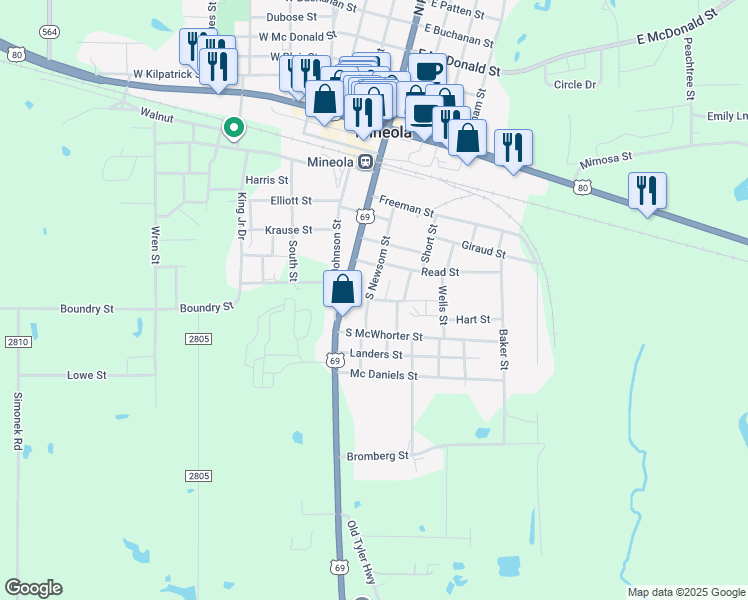 map of restaurants, bars, coffee shops, grocery stores, and more near 813-899 S Newsom St in Mineola