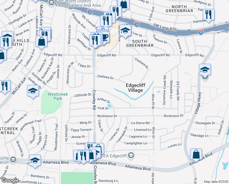 map of restaurants, bars, coffee shops, grocery stores, and more near 16 Cliffside Drive in Fort Worth