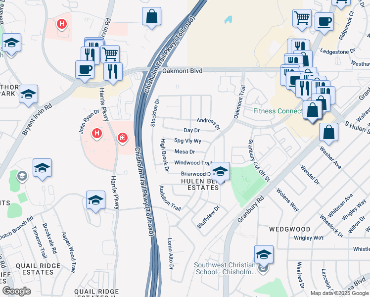 map of restaurants, bars, coffee shops, grocery stores, and more near 6925 Mesa Drive in Fort Worth