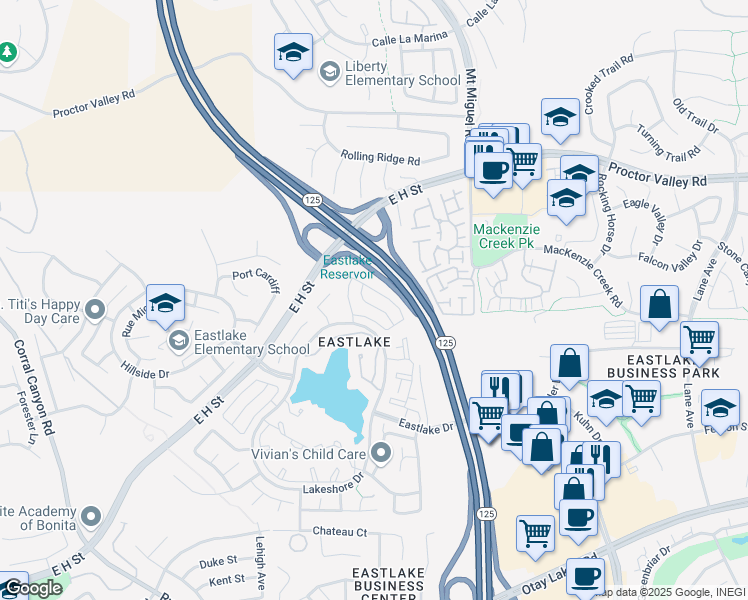 map of restaurants, bars, coffee shops, grocery stores, and more near 645 Watertown Lane in Chula Vista