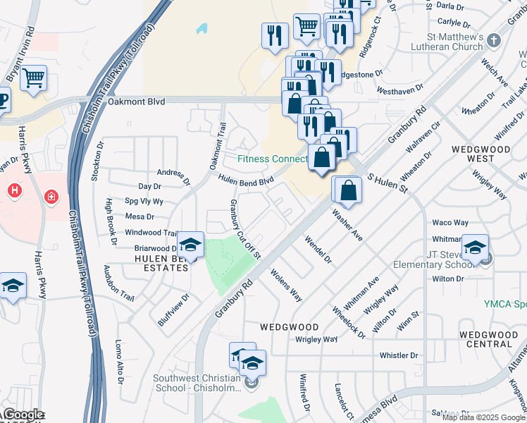 map of restaurants, bars, coffee shops, grocery stores, and more near 6400 Wildwood Circle South in Fort Worth