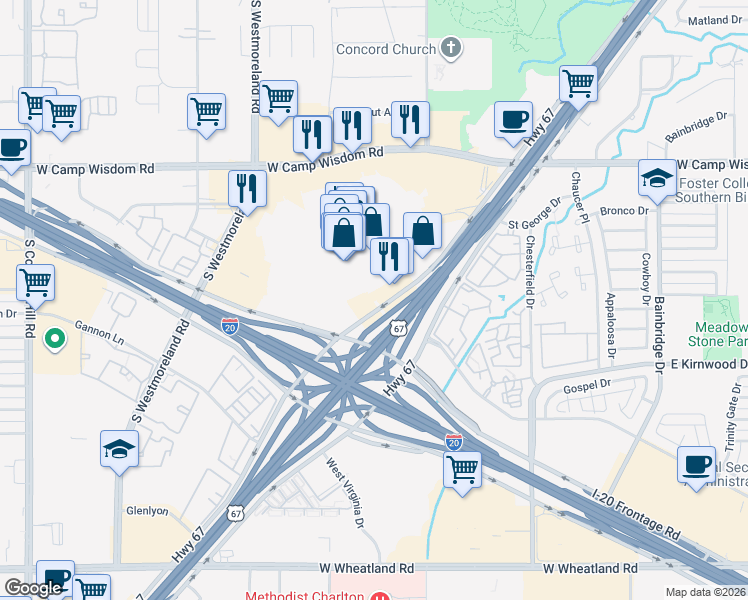 map of restaurants, bars, coffee shops, grocery stores, and more near 7471 Marvin D. Love Freeway in Dallas