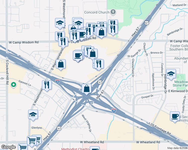 map of restaurants, bars, coffee shops, grocery stores, and more near 7471 Marvin D. Love Freeway in Dallas
