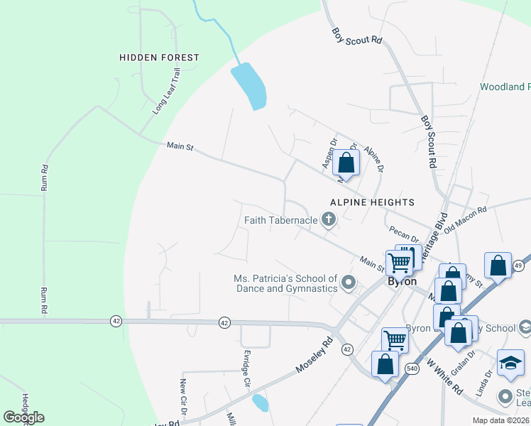 map of restaurants, bars, coffee shops, grocery stores, and more near 103 Fawn Court in Byron