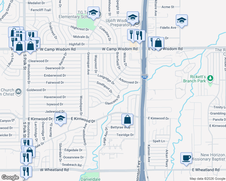 map of restaurants, bars, coffee shops, grocery stores, and more near 416 Goldwood Drive in Dallas