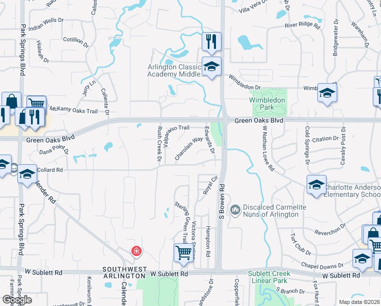 map of restaurants, bars, coffee shops, grocery stores, and more near 2611 Collard Road in Arlington