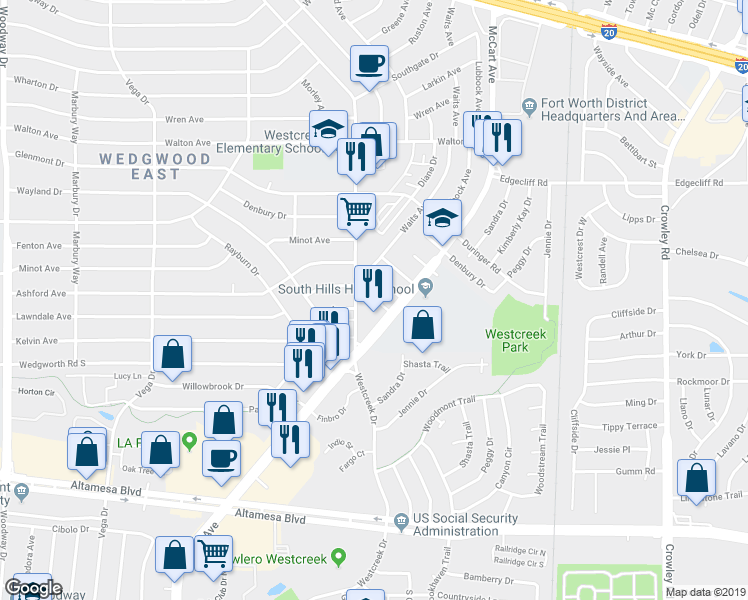 map of restaurants, bars, coffee shops, grocery stores, and more near 6152 Springleaf Circle in Fort Worth
