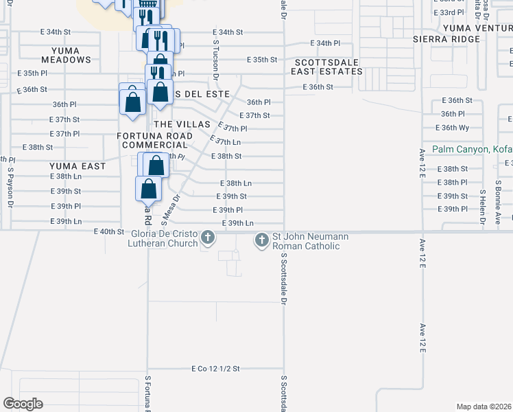 map of restaurants, bars, coffee shops, grocery stores, and more near 11392 East 39th Lane in Yuma