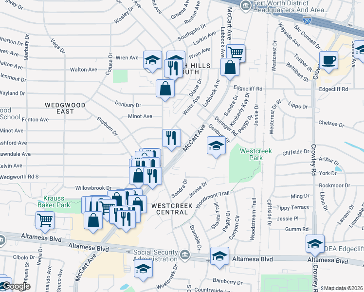 map of restaurants, bars, coffee shops, grocery stores, and more near 6101 Springleaf Circle in Fort Worth