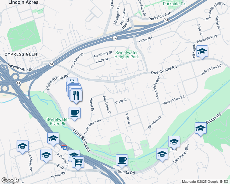 map of restaurants, bars, coffee shops, grocery stores, and more near 3345 Paseo De Fuentes in National City