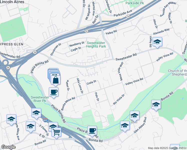 map of restaurants, bars, coffee shops, grocery stores, and more near 3416 Paseo De Fuentes in National City