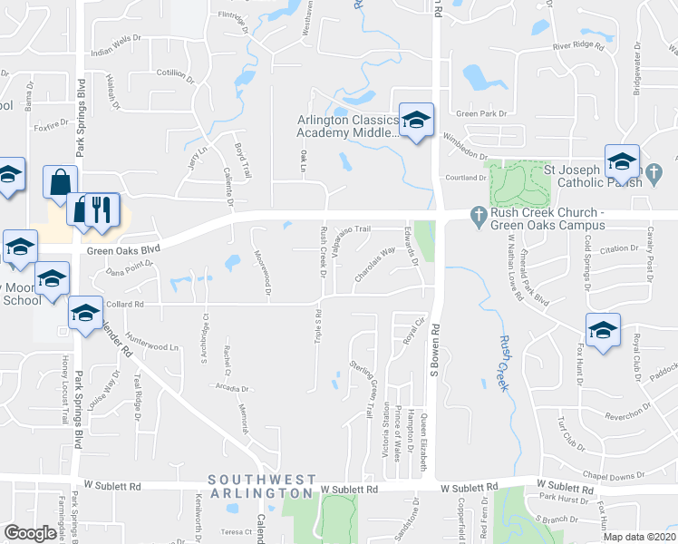 map of restaurants, bars, coffee shops, grocery stores, and more near 5509 Valparaiso Trail in Arlington