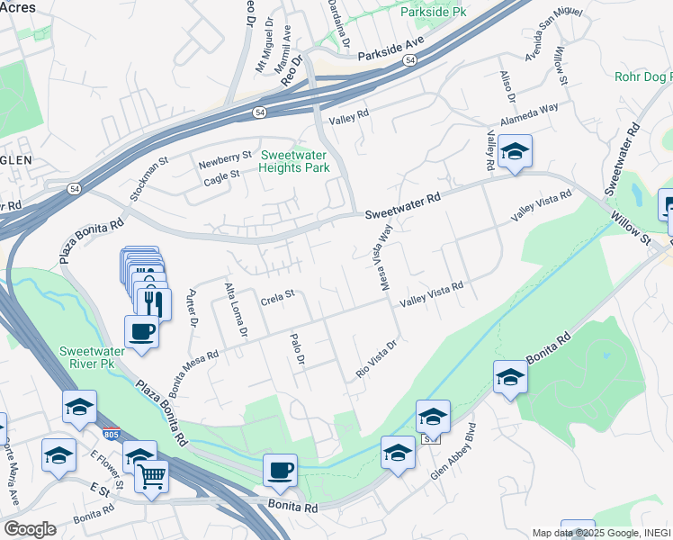 map of restaurants, bars, coffee shops, grocery stores, and more near 3716 Duffy Way in Bonita