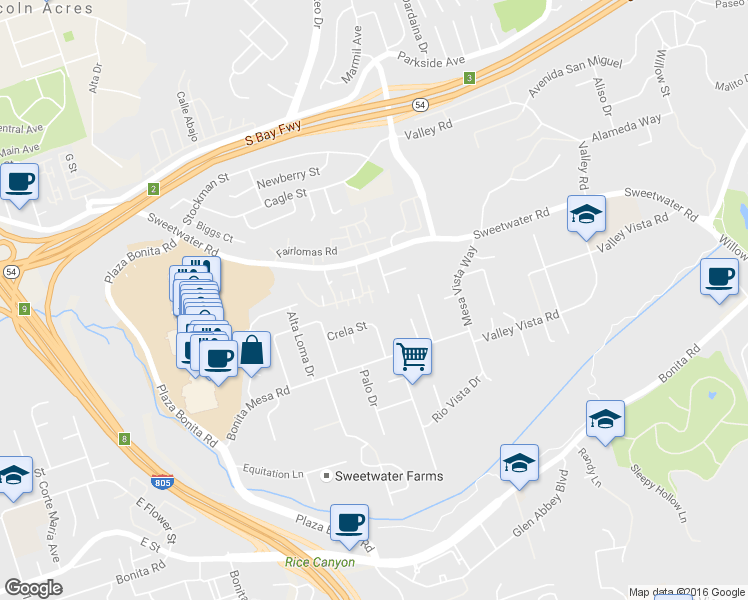map of restaurants, bars, coffee shops, grocery stores, and more near 3226 Sweetwater Road in National City