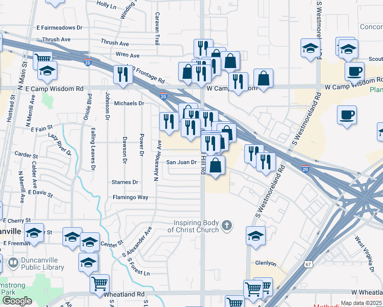 map of restaurants, bars, coffee shops, grocery stores, and more near 603 South Cockrell Hill Road in Duncanville