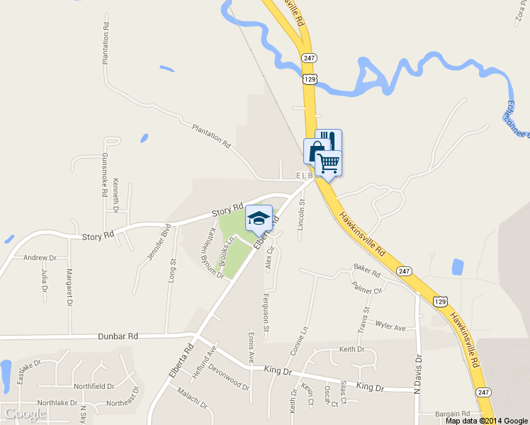 map of restaurants, bars, coffee shops, grocery stores, and more near 209 Elberta Road in Warner Robins