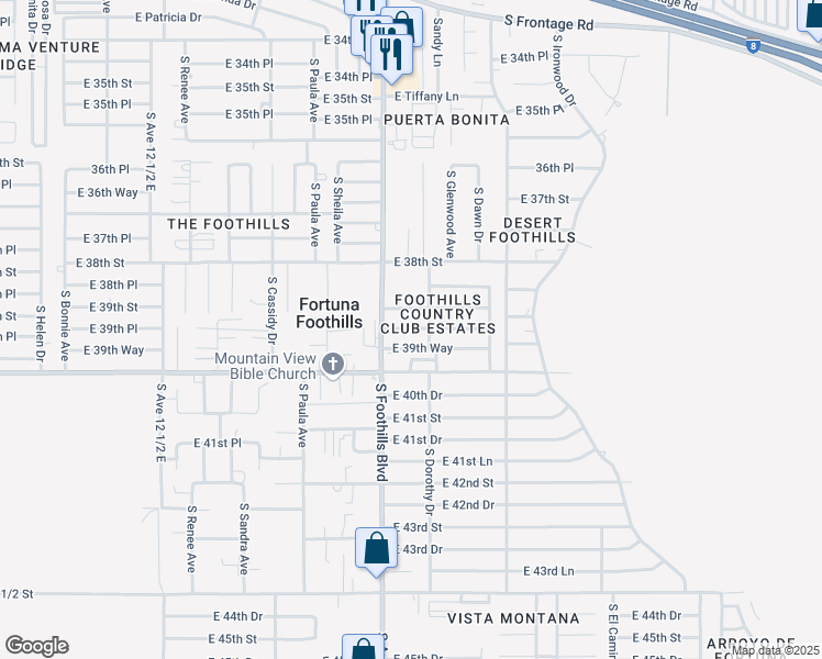 map of restaurants, bars, coffee shops, grocery stores, and more near 85367 East 39th Place in Yuma