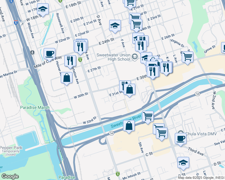 map of restaurants, bars, coffee shops, grocery stores, and more near 3008 C Avenue in National City