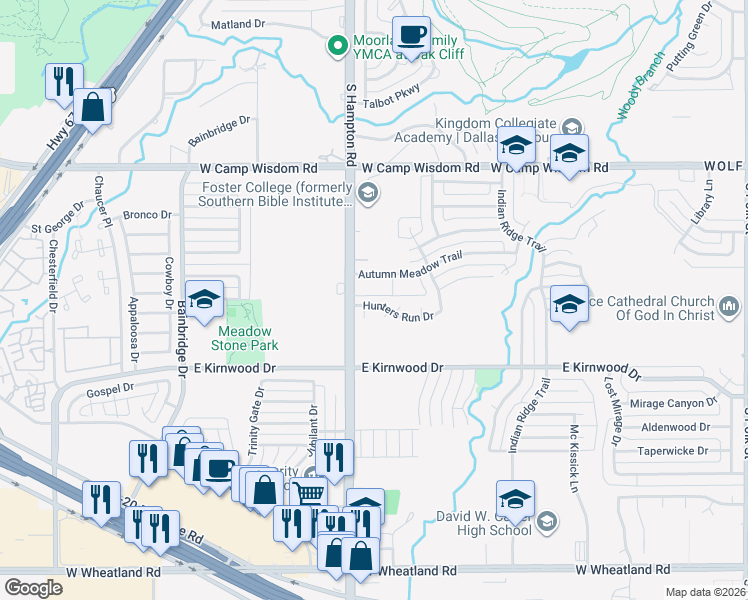 map of restaurants, bars, coffee shops, grocery stores, and more near 7408 South Hampton Road in Dallas
