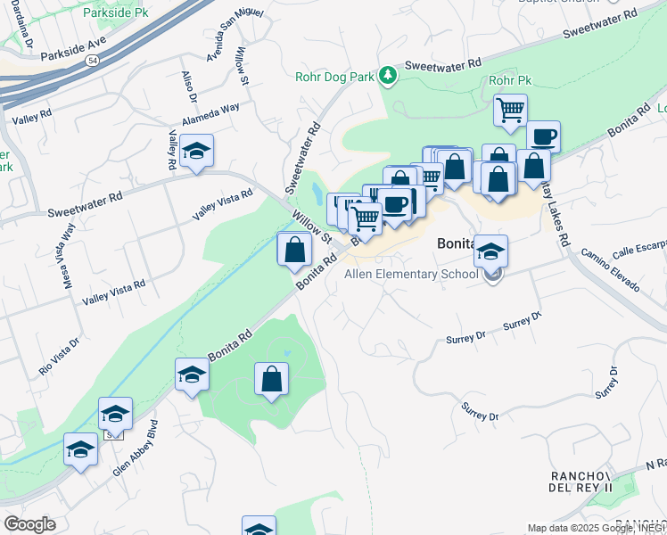 map of restaurants, bars, coffee shops, grocery stores, and more near 2231 The Hill Road in Bonita