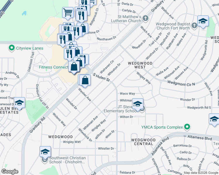 map of restaurants, bars, coffee shops, grocery stores, and more near 6129 Trail Lake Drive in Fort Worth