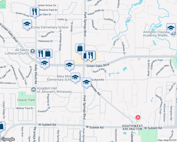 map of restaurants, bars, coffee shops, grocery stores, and more near 5400 Dana Point Drive in Arlington