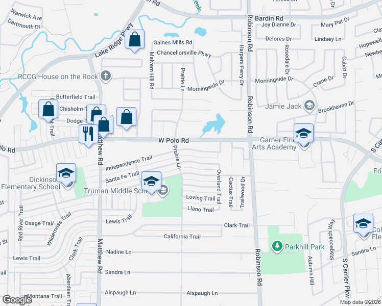 map of restaurants, bars, coffee shops, grocery stores, and more near 1302 Independence Trail in Grand Prairie