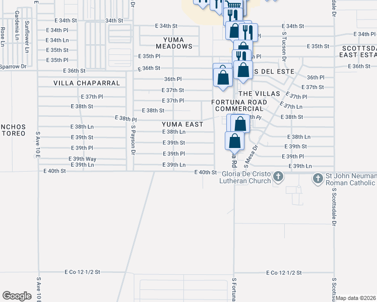 map of restaurants, bars, coffee shops, grocery stores, and more near 10724 East 39th Street in Yuma