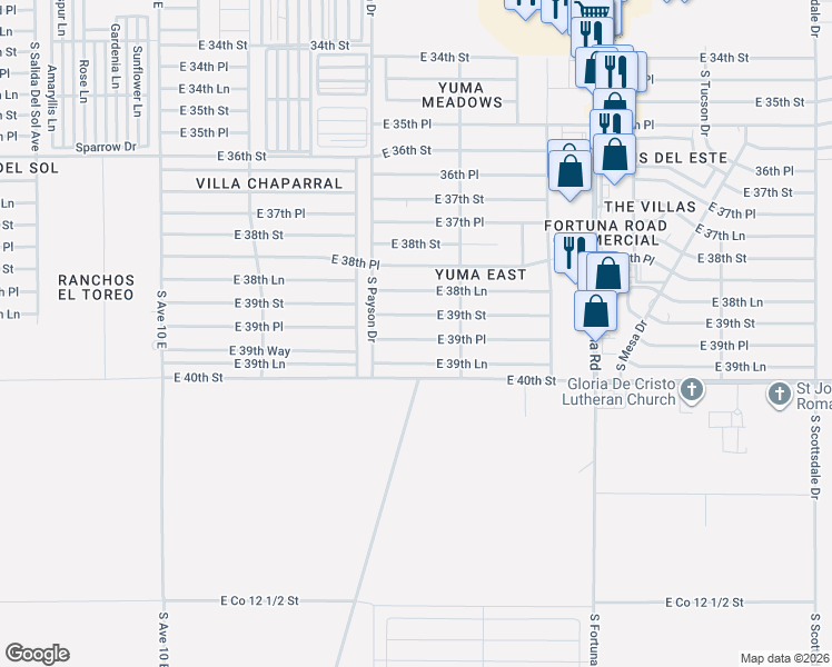 map of restaurants, bars, coffee shops, grocery stores, and more near 10541 East 39th Street in Yuma