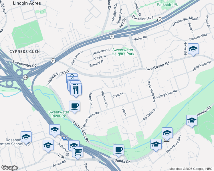 map of restaurants, bars, coffee shops, grocery stores, and more near 3204 Paseo De Fuentes in National City