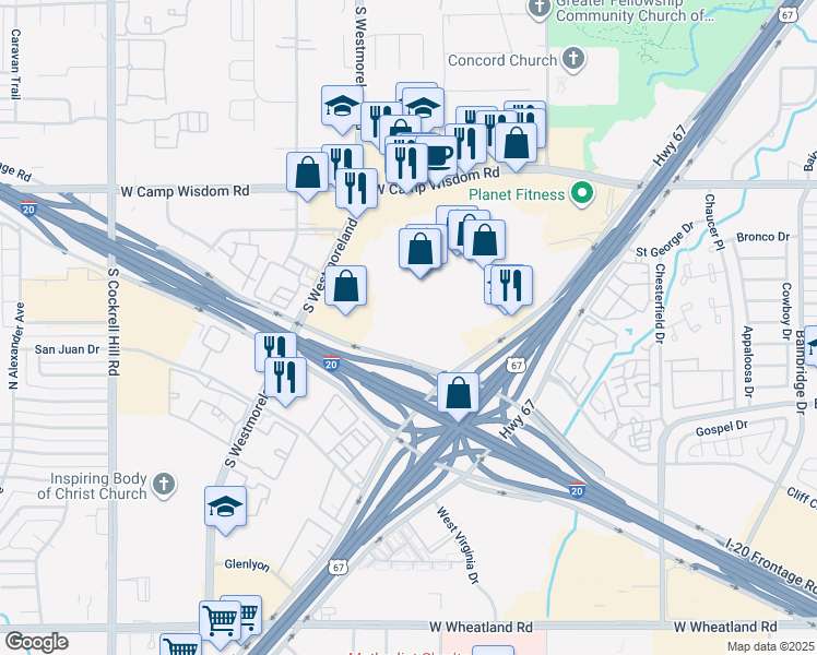 map of restaurants, bars, coffee shops, grocery stores, and more near 3560 W Camp Wisdom Rd in Dallas