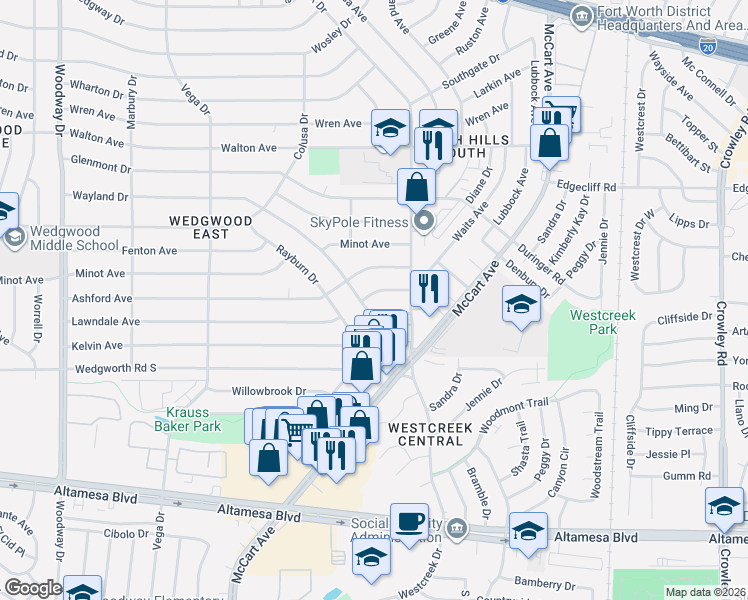 map of restaurants, bars, coffee shops, grocery stores, and more near 3300 Lawndale Avenue in Fort Worth