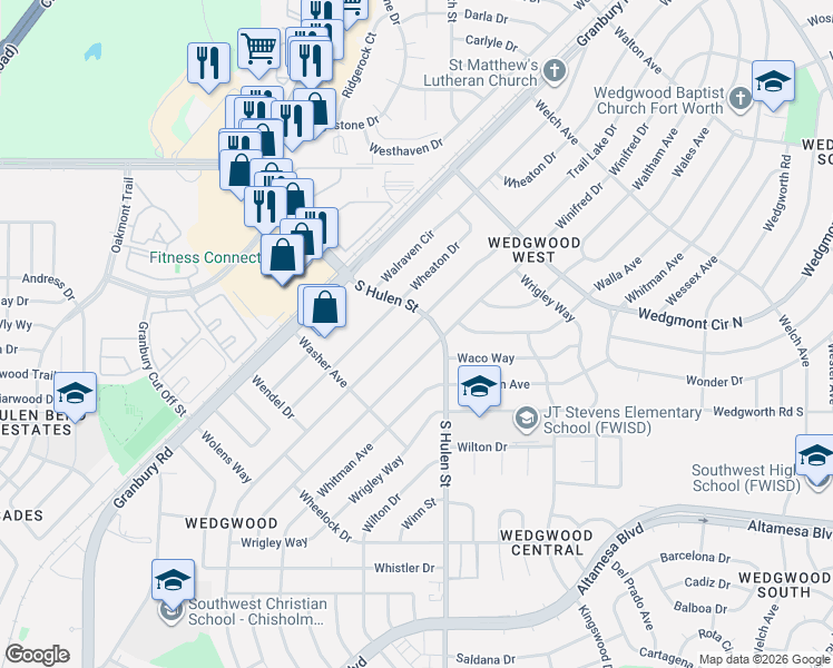 map of restaurants, bars, coffee shops, grocery stores, and more near 6129 Trail Lake Drive in Fort Worth