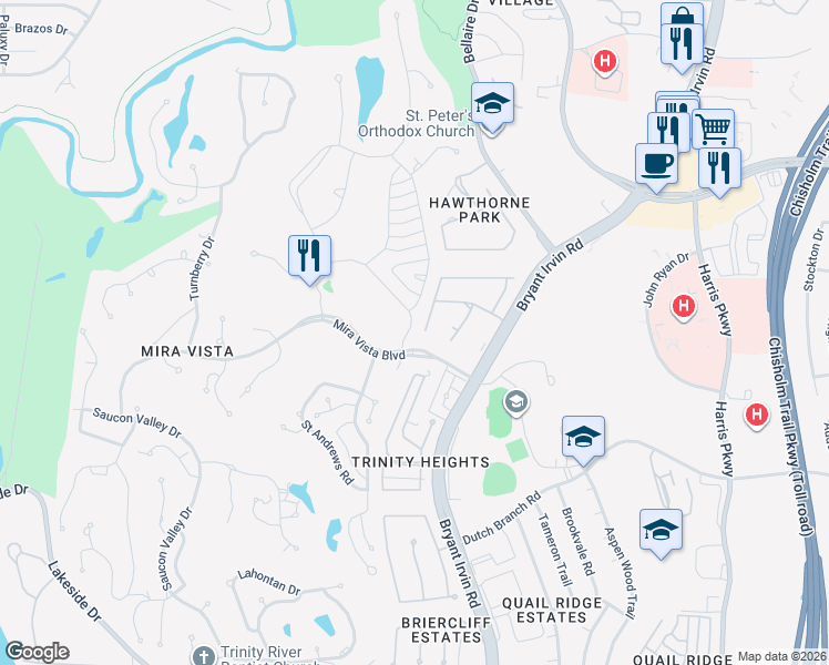 map of restaurants, bars, coffee shops, grocery stores, and more near 6332 Southern Hills Drive in Fort Worth