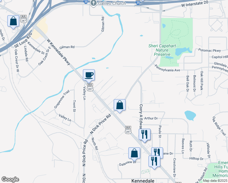 map of restaurants, bars, coffee shops, grocery stores, and more near 108 Pecan Drive in Kennedale