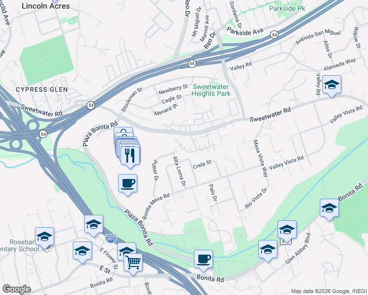 map of restaurants, bars, coffee shops, grocery stores, and more near 3204 Paseo De Fuentes in National City