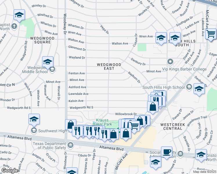 map of restaurants, bars, coffee shops, grocery stores, and more near 3698 Ashford Avenue in Fort Worth