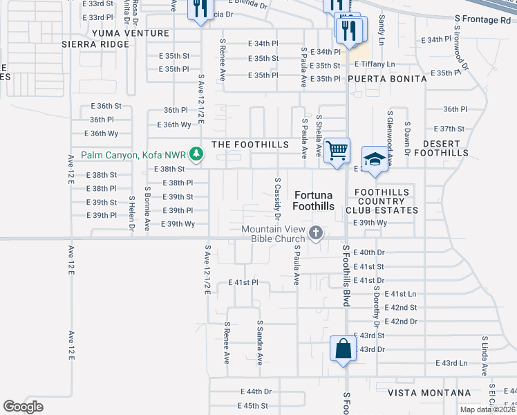 map of restaurants, bars, coffee shops, grocery stores, and more near 11701-11799 South Sandra Avenue in Yuma