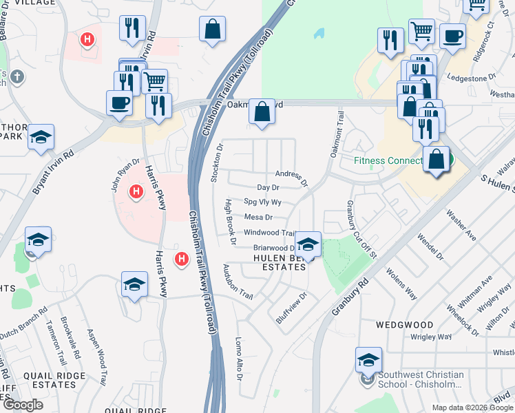 map of restaurants, bars, coffee shops, grocery stores, and more near 6900 Springvalley Way in Fort Worth