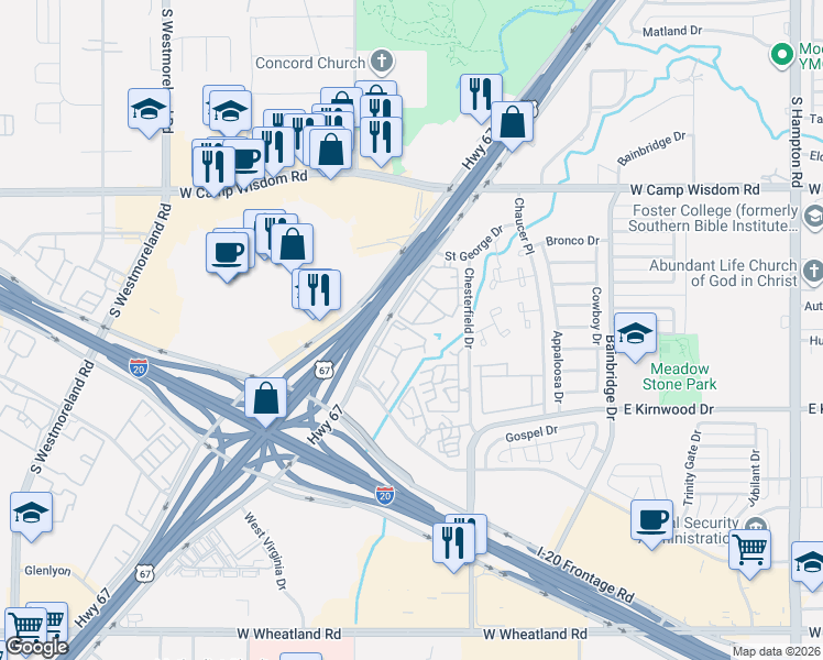 map of restaurants, bars, coffee shops, grocery stores, and more near 7296 Marvin D. Love Freeway in Dallas