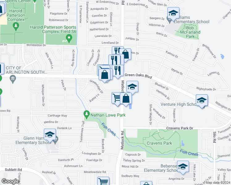 map of restaurants, bars, coffee shops, grocery stores, and more near 709 Greenridge Drive in Arlington