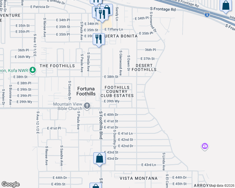 map of restaurants, bars, coffee shops, grocery stores, and more near 13208 East 39th Street in Yuma