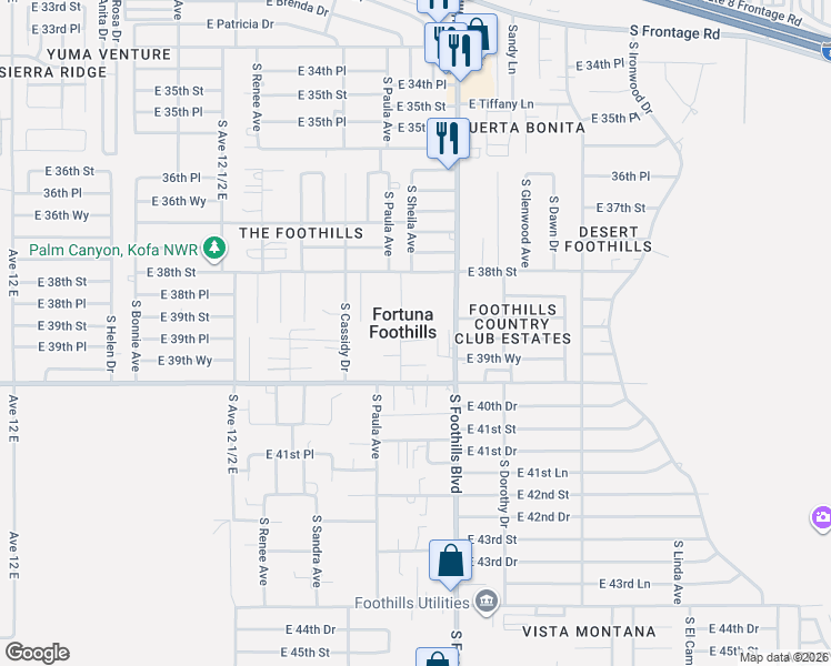 map of restaurants, bars, coffee shops, grocery stores, and more near 11600 South Sheryl Drive in Yuma