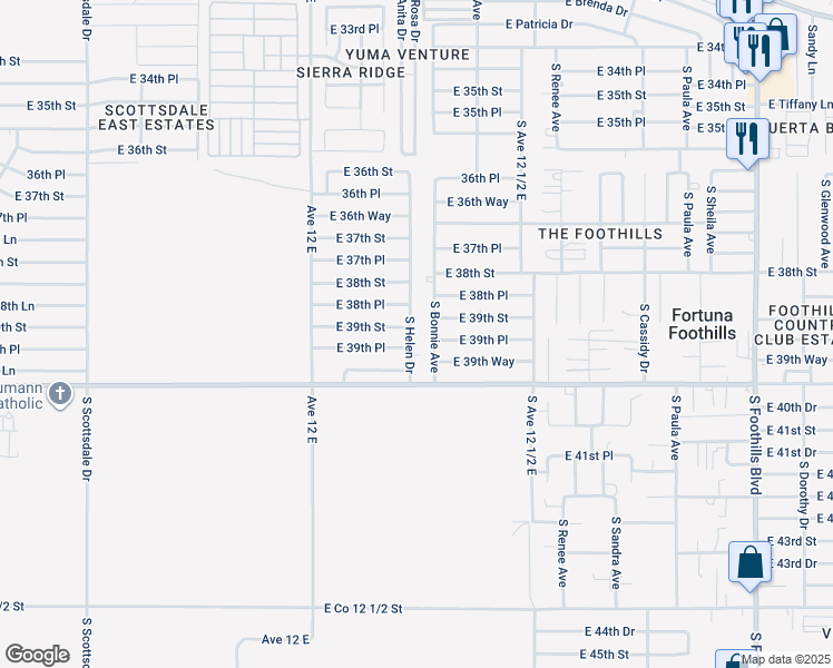 map of restaurants, bars, coffee shops, grocery stores, and more near 11779 South Helen Drive in Yuma